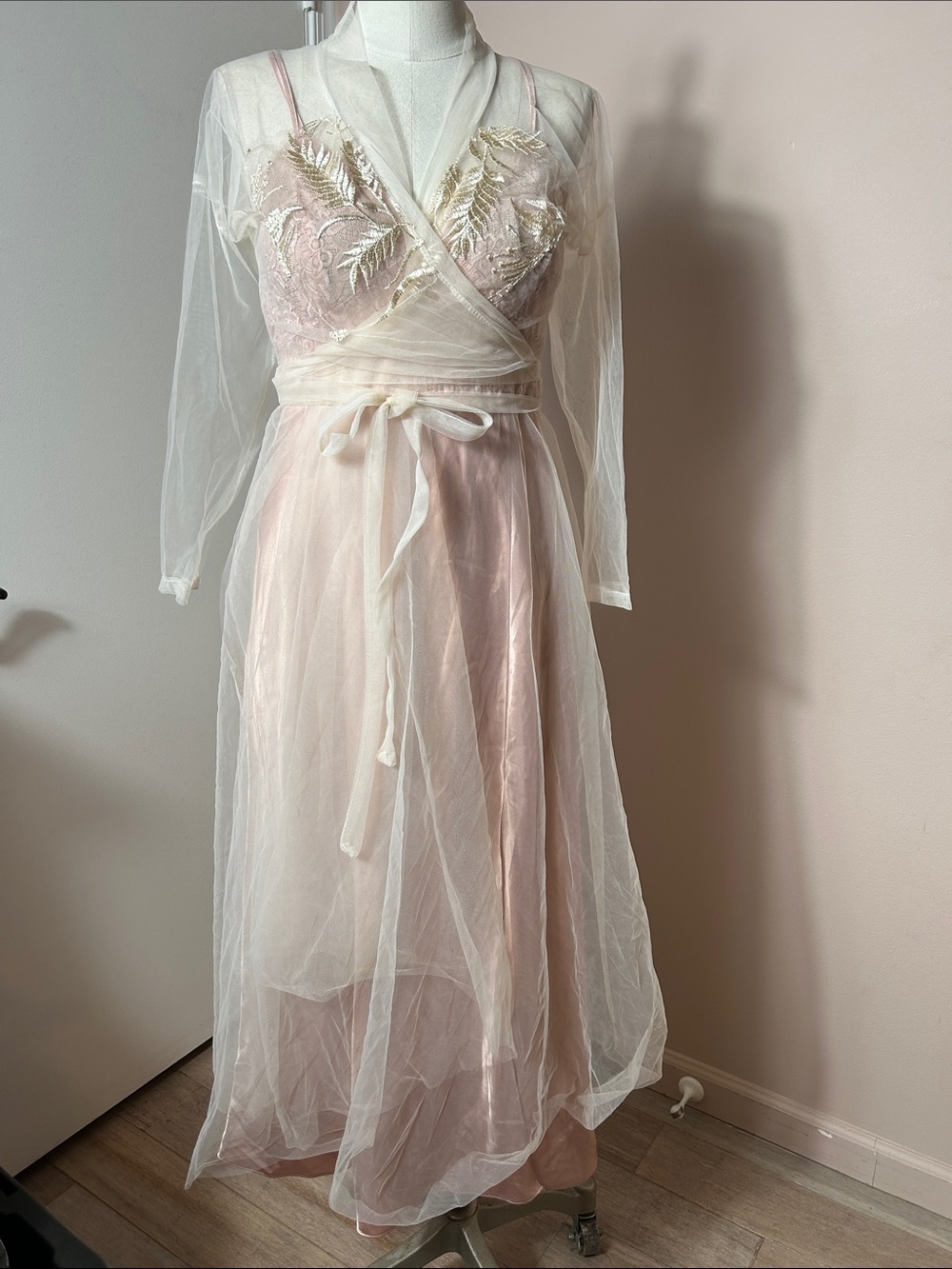 Victoria's Secret Satin Slip front slit with champagne lace chest  sheer robe S